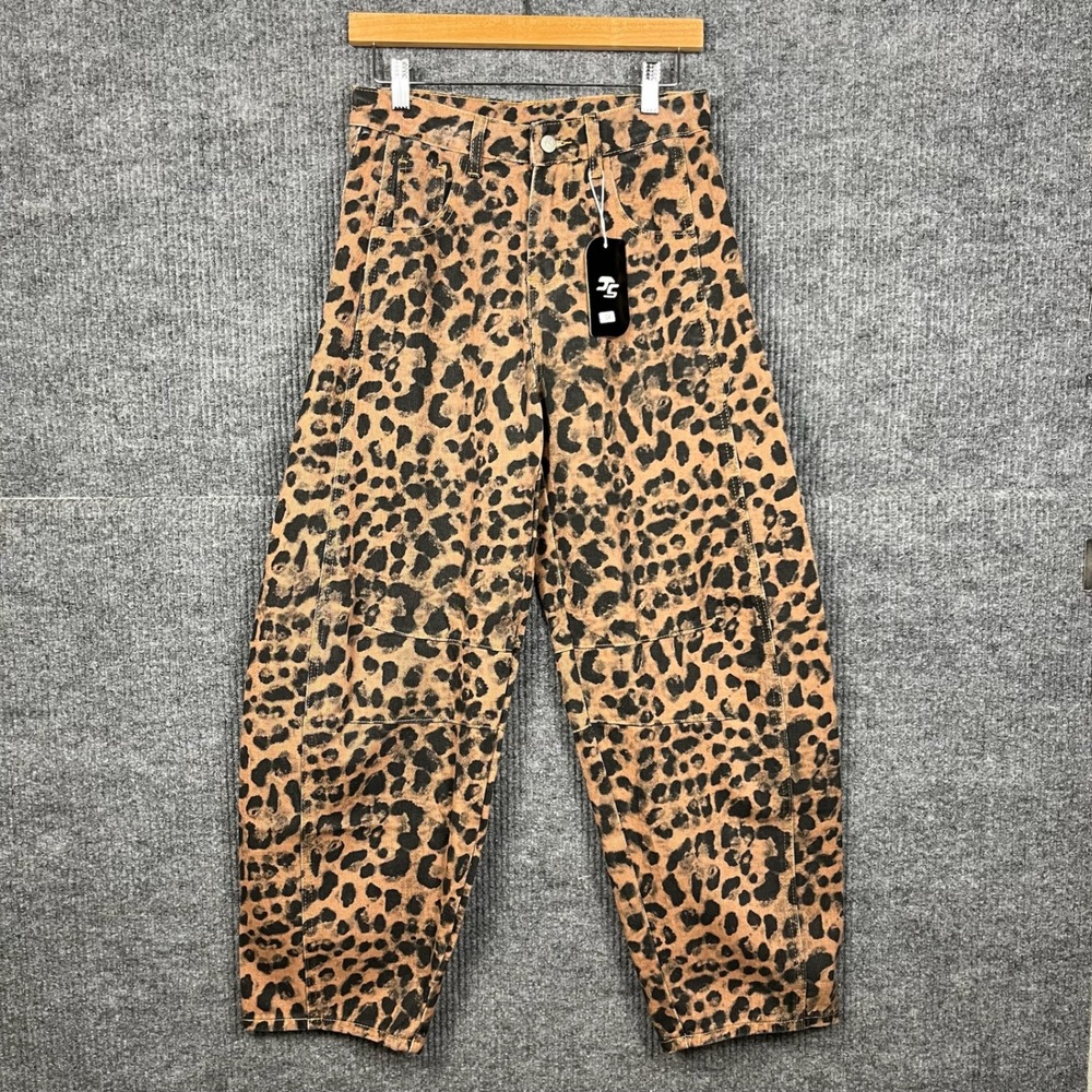 Hungson Barrel Leg Jeans Womens 4 Leopard Print Denim Indie Sleaze Alt Style NWT